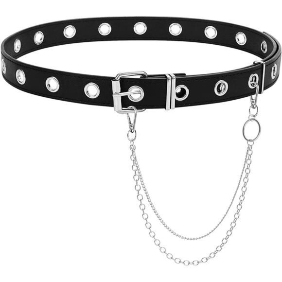 WHIPPY Double Grommet Belt PU Leather Double Prong Buckle Vintage Punk Rock Belt main image 3